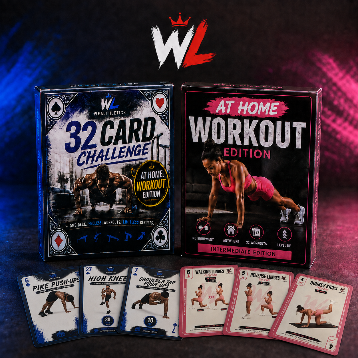 Wealthletics men’s and women’s workout card decks with six sample workout cards